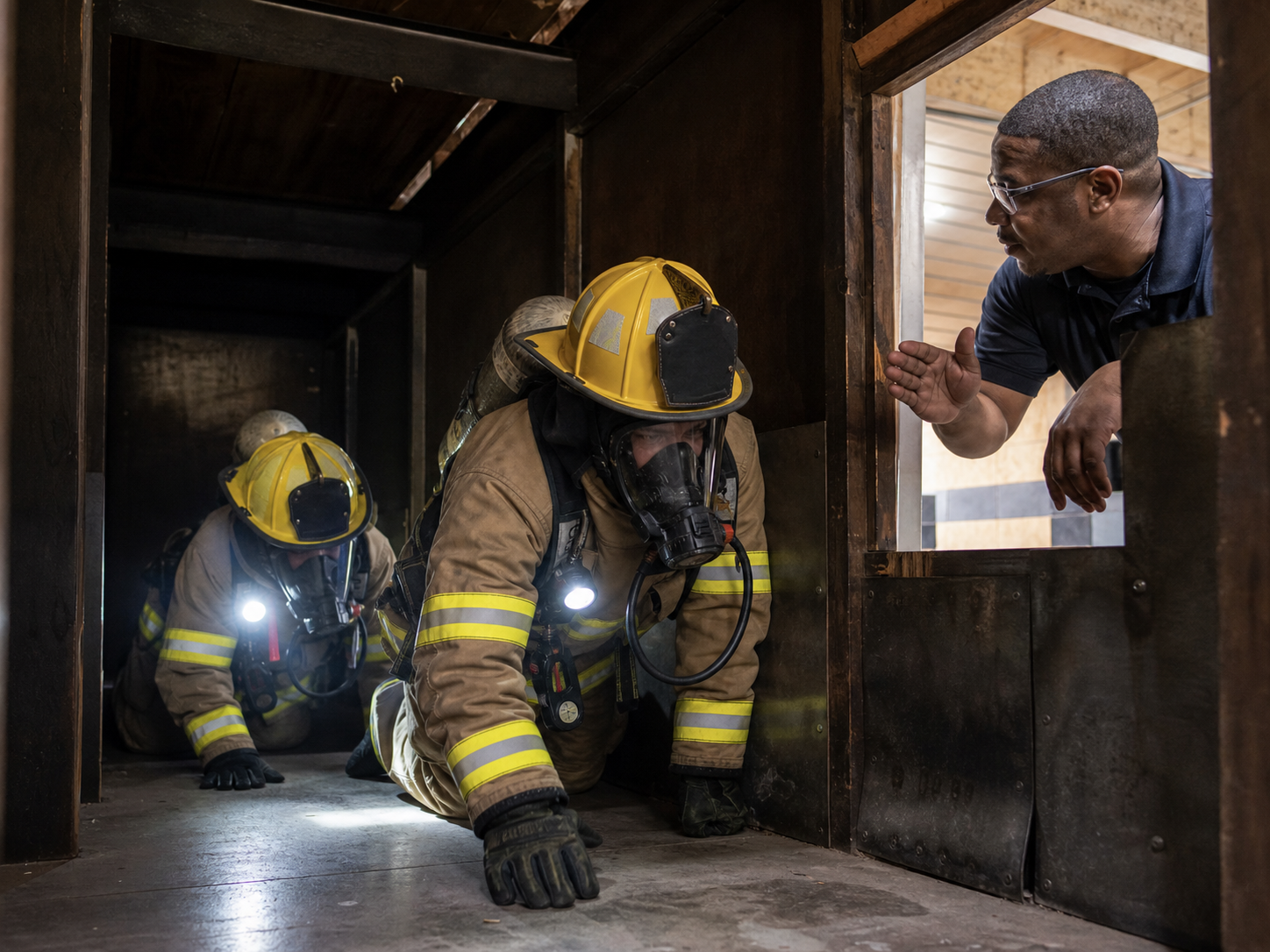 Firefighters in tan turnout gear crawl through a dark hallway with yellow helmets; a man in a dark polo shirt gestures from a doorway, guiding them.