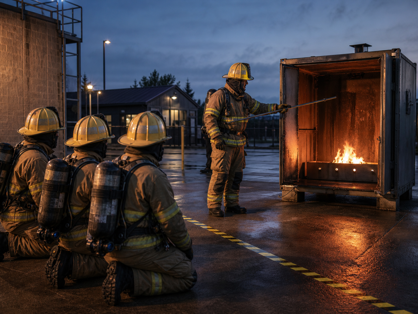 Firefighters in turnout gear observe a trainer directing a controlled flame inside a metal burn box during a training exercise at dusk.