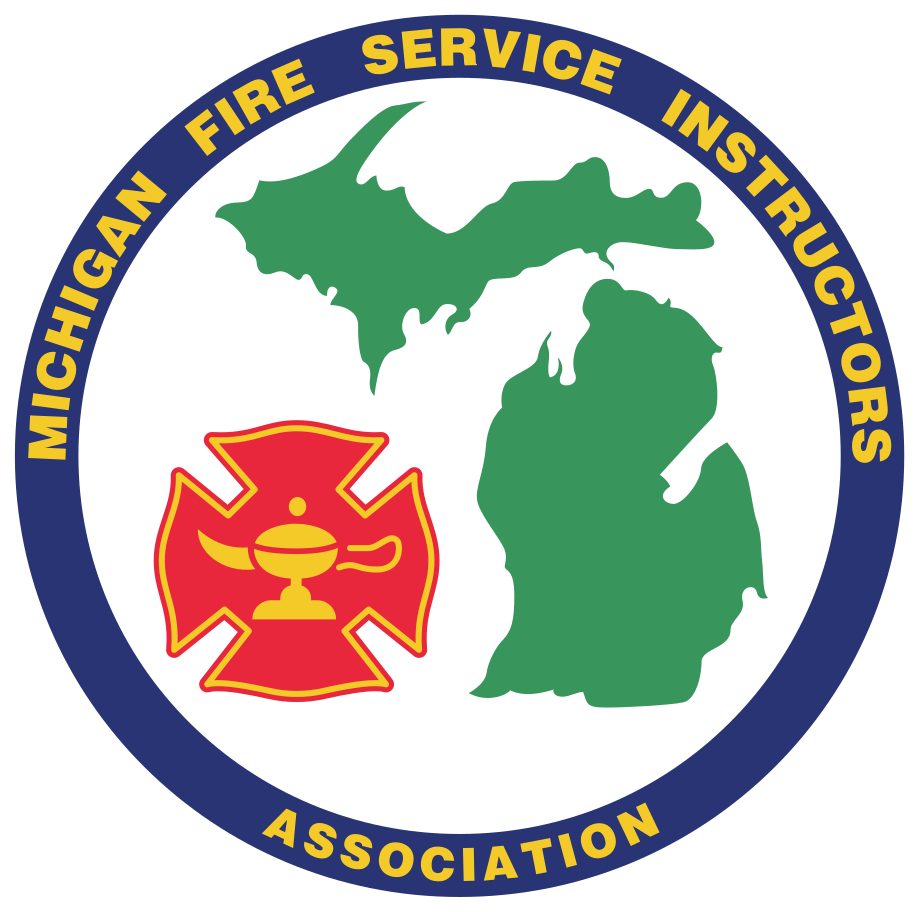 Logo badge for the Michigan Fire Service Instructors Association, featuring a green Michigan map and a red Maltese cross with a gold fire helmet inside a blue ring.