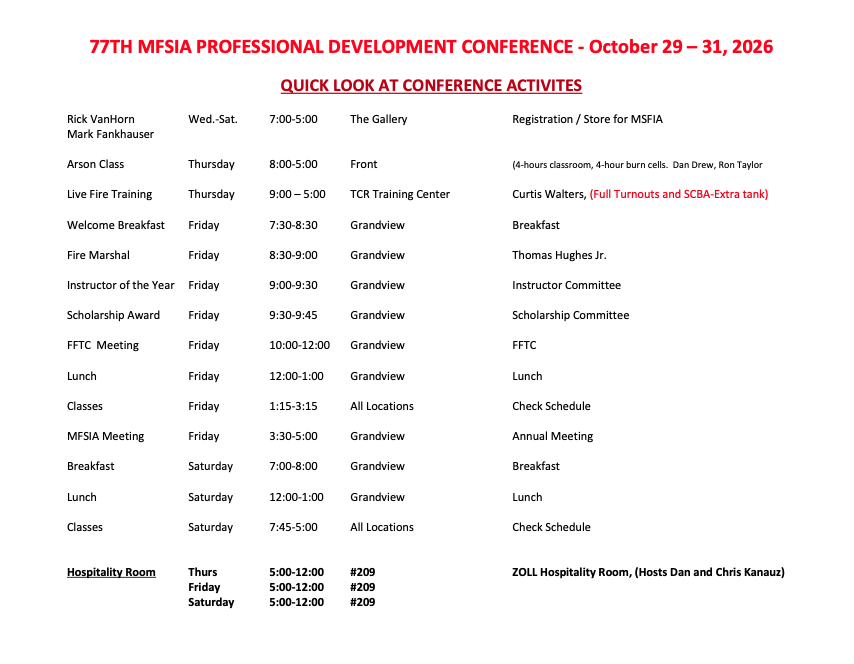 Schedule page for 77th MFSIA Professional Development Conference (Oct 29–31, 2026) with daily activities, times, and locations.