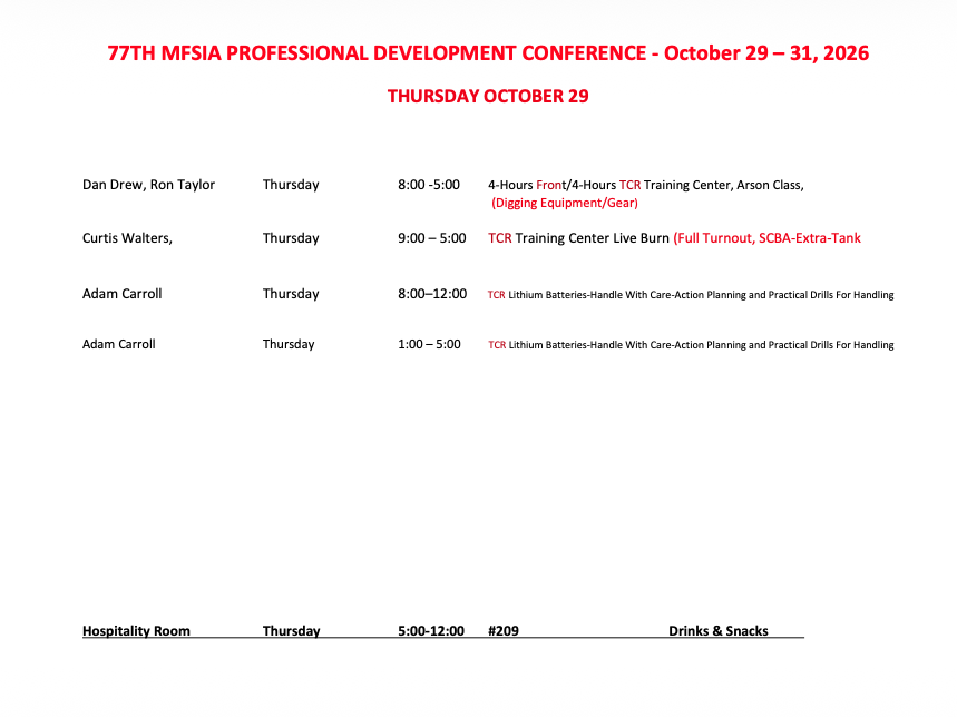 Conference schedule for Thursday, Oct 29, 2026: presenters Dan Drew, Ron Taylor, Curtis Walters, and Adam Carroll with session times, locations, and links. Bottom shows Hospitality Room #209 and Drinks & Snacks.