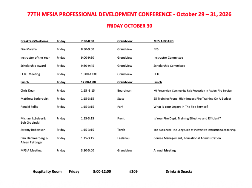 Conference schedule for Friday, October 30, 2026, showing breakfast, sessions, lunch, and room assignments (Grandview, Boardman, State, etc.).