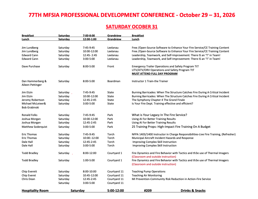 Schedule for the 77th MFSIA Professional Development Conference (Oct 29–31, 2026); includes day-by-day times, session titles, and room assignments in a compact table.