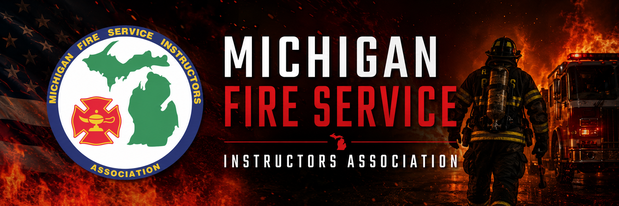 Banner featuring the Michigan Fire Service Instructors Association logo on the left and bold white and red 'Michigan Fire Service' text on the right, with a dark background and Michigan outline.